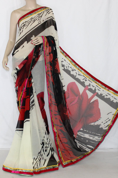Off White Red-Black Printed Semi-Chiffon Saree (With Blouse) 13408