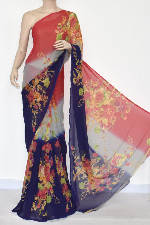 Navy Blue Peach Printed Dx Quality Georgette Saree (With Blouse) 13428