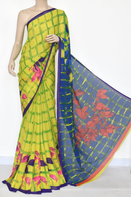 Yellow Blue Printed Wrinkle Georgette Saree (With Blouse) 13430