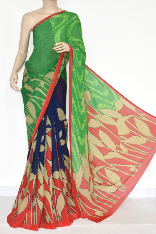 Green Blue Red Printed Wrinkle Georgette Saree (With Blouse) 13436