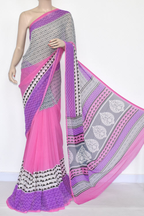 Pink Printed Mul-Mul Georgette Saree (With Blouse) 13439