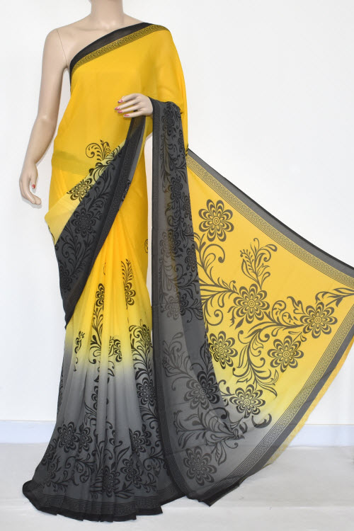 Yellow Grey Printed Wrinkle Georgette Saree (With Blouse) 13441