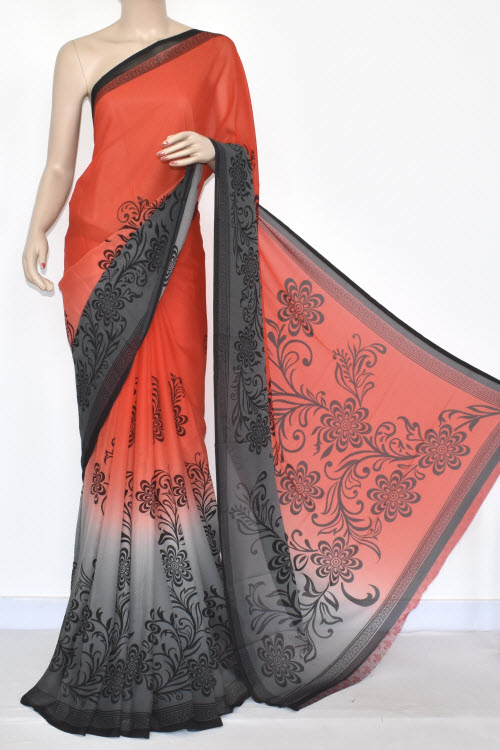 Peach Grey Printed Wrinkle Georgette Saree (With Blouse) 13442