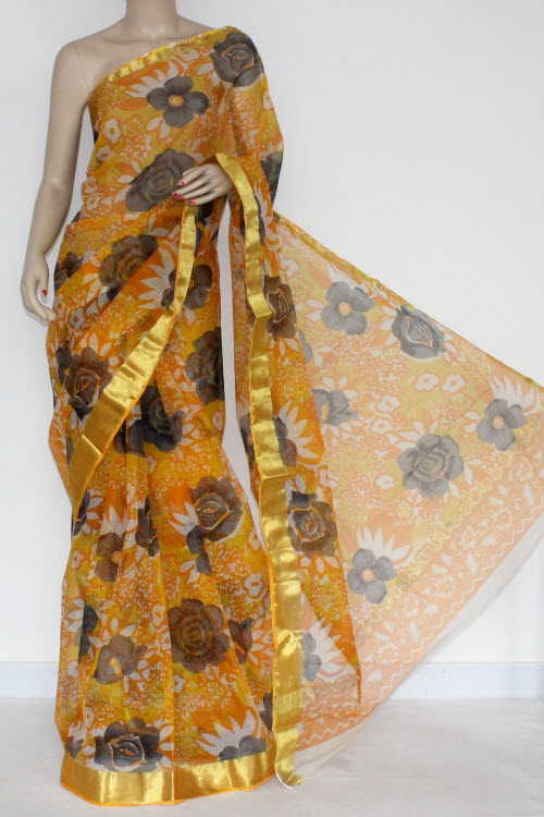 Yellow Orange JP Kota Doria Printed Cotton Saree (without Blouse) Zari Border & Pallu 13572