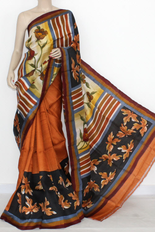 Rust Designer Handprinted Double Knitted Bishnupuri Pure Silk Saree (With Blouse) 13818
