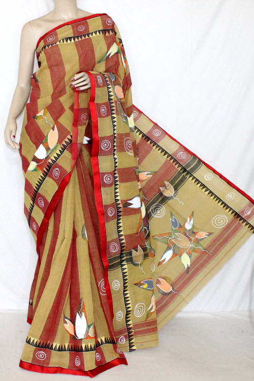Fawn Hand-printed Bengal Tant Cotton Saree (Without Blouse) 13908