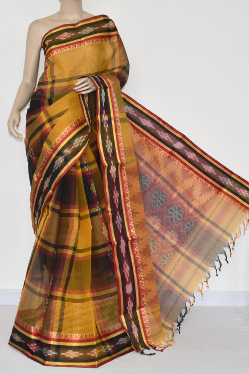 Golde Yellow Black Check Handwoven Dhaniakhali Bengali Tant Cotton Saree (Without Blouse) Pocham Palli 13940