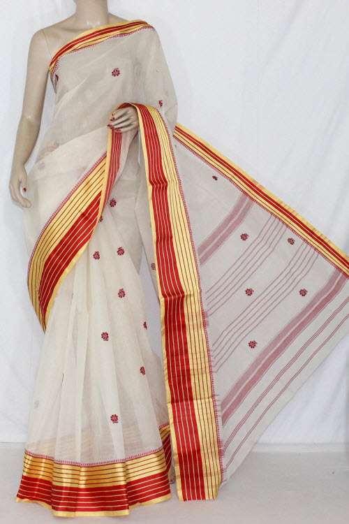 Off-White Handwoven Dhaniakhali Bengali Tant Cotton Saree (Without Blouse) 13950
