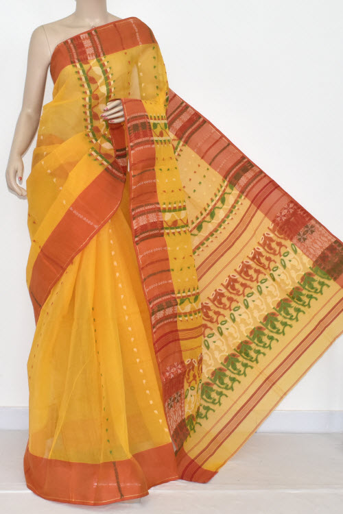 Golden Yellow Handwoven Bengali Tant Cotton Saree (Without Blouse) 13969