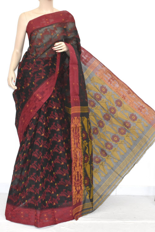 Black Handwoven Bengali Tant Cotton Jamdani Saree (Without Blouse) 13973