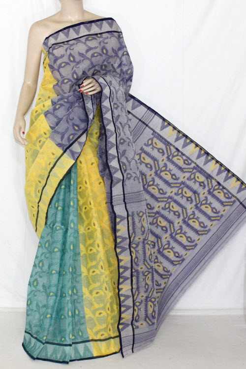 3D Purple Yellow Green Designer Handwoven Bengali Tant Cotton Saree (Without Blouse) 13999