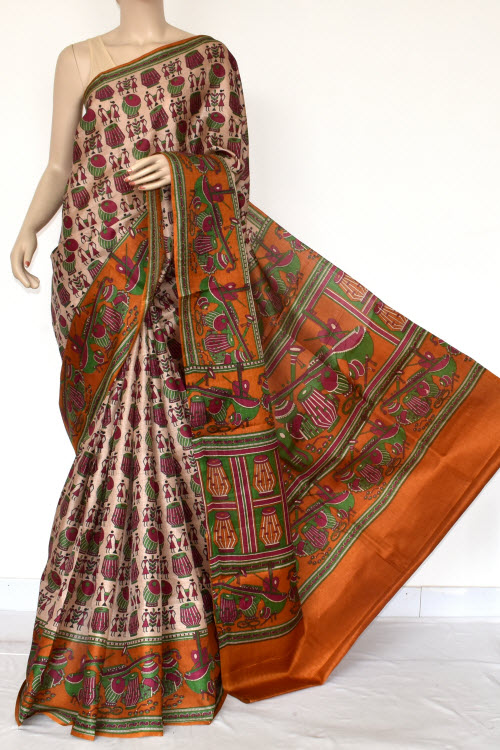 Mustared Tusser Art Silk Printed Saree (With Blouse) 13444
