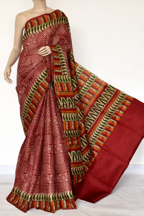 Maroon Tusser Art Silk Printed Saree (With Blouse) 13446 
