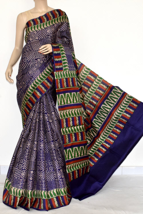 Blue Tusser Art Silk Printed Saree (With Blouse) 13447