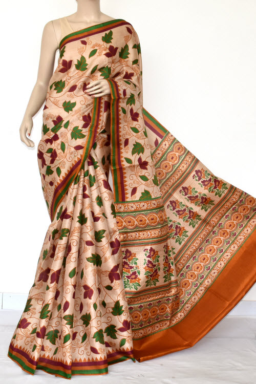 Rust Tusser Art Silk Printed Saree (With Blouse) 13448