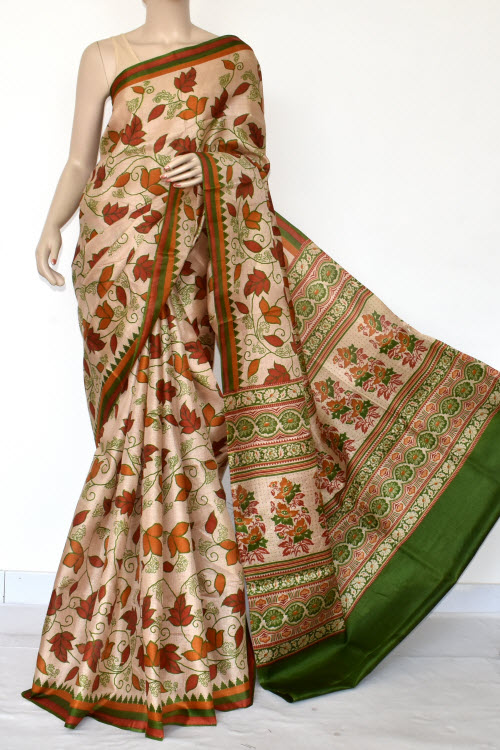 Fawn Tusser Art Silk Printed Saree (With Blouse) 13449