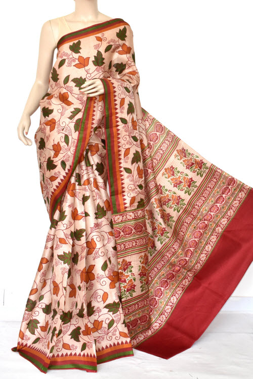 Maroon Tusser Art Silk Printed Saree (With Blouse) 13450