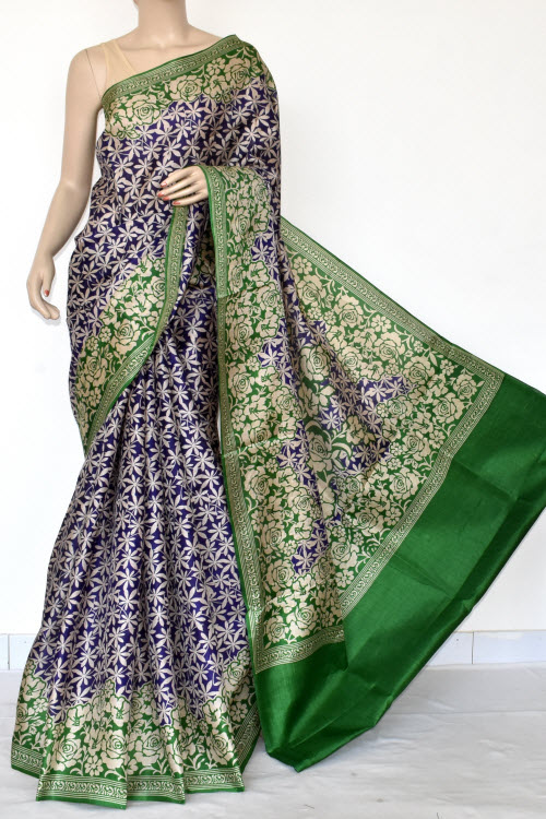 Blue Green Tusser Art Silk Printed Saree (With Blouse) 13451