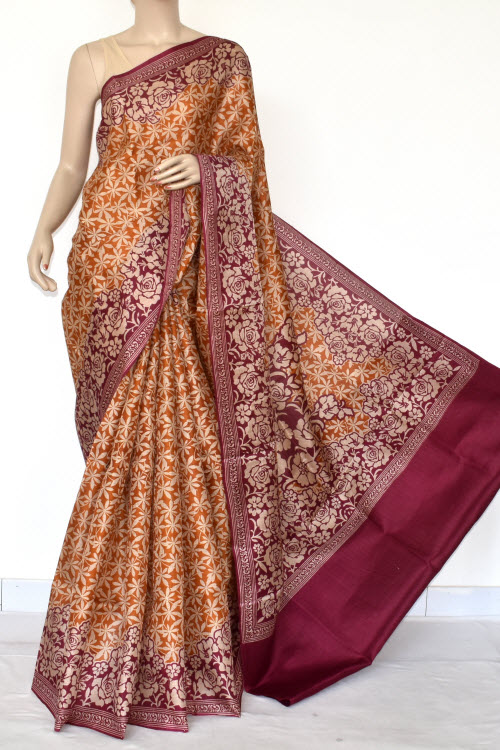 Mustared Tusser Art Silk Printed Saree (With Blouse) 13452