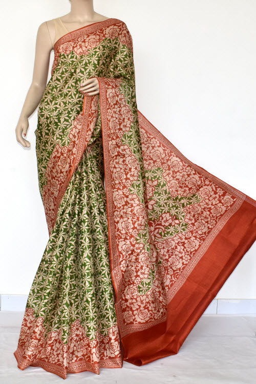 Red Green Tusser Art Silk Printed Saree (With Blouse) 13453