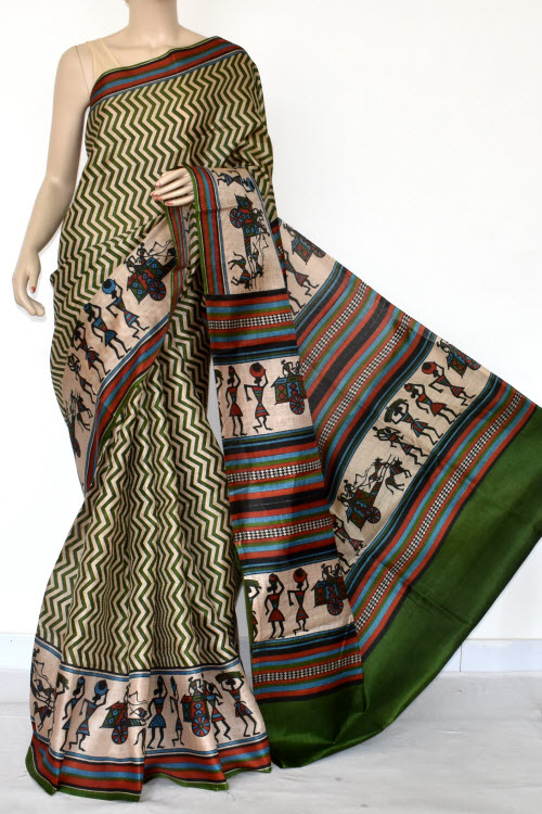 Green Tusser Art Silk Printed Saree (With Blouse) 13456
