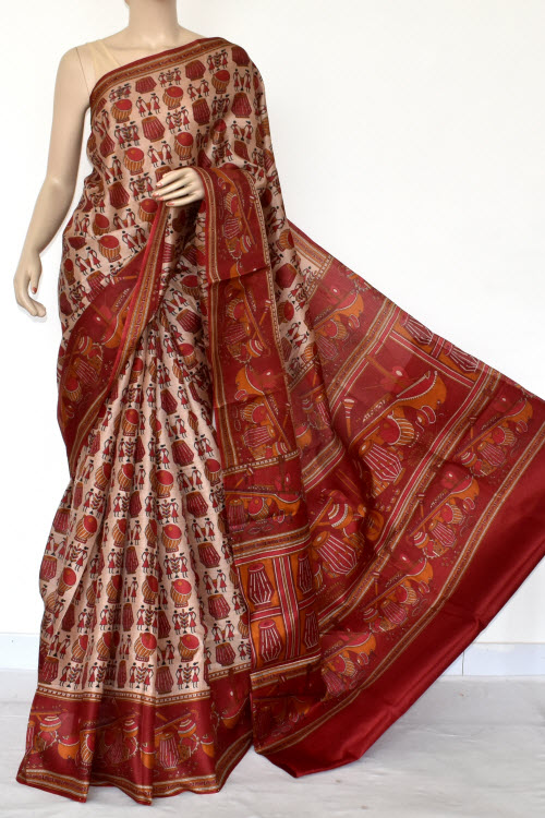 Maroon Tusser Art Silk Printed Saree (With Blouse) 13457