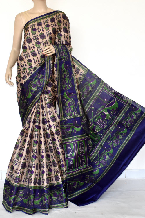 Blue Tusser Art Silk Printed Saree (With Blouse) 13458