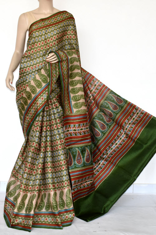 Green Tusser Art Silk Printed Saree (With Blouse) 13459