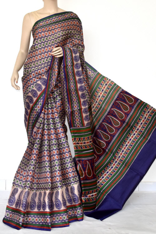 Blue Tusser Art Silk Printed Saree (With Blouse) 13460