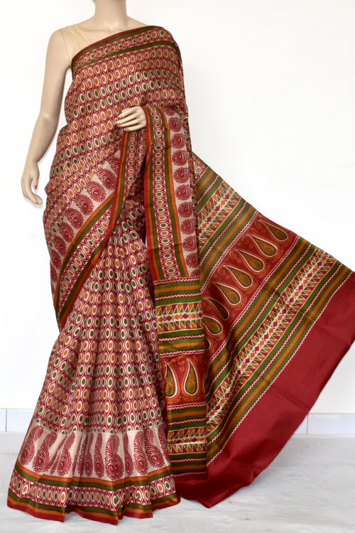Maroon Tusser Art Silk Printed Saree (With Blouse) 13462