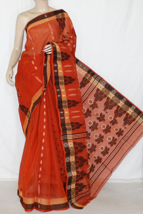 Rust Handwoven Bengali Tant Cotton Saree (Without Blouse) 14047
