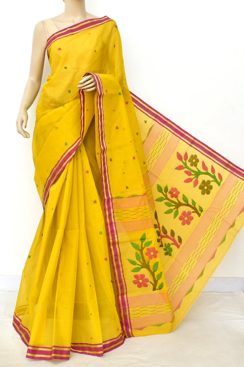Mustard Yellow Pure Jamdani Handloom Bengal Tant Cotton Saree (Without Blouse) 17702