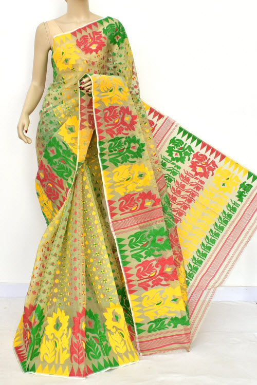 Pista Green Jamdani Handloom Bengal Tant Cotton Saree (Without Blouse) Rich Pallu 17709