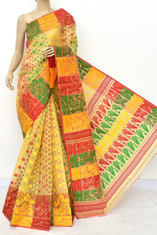 Yellow Red Jamdani Handloom Bengal Tant Cotton Saree (Without Blouse) Rich Pallu 17719