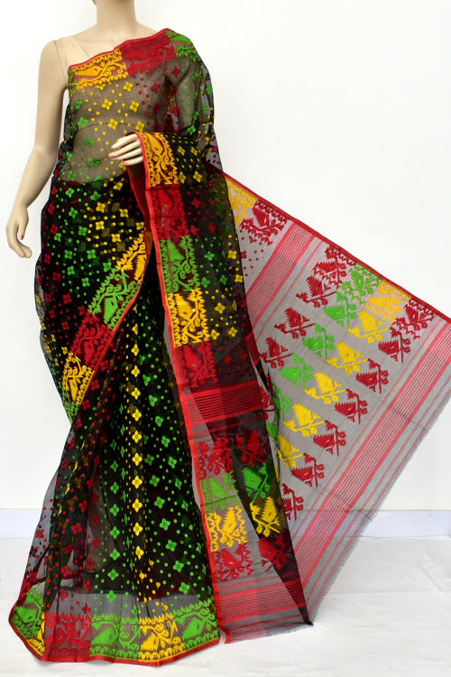 Black Jamdani Handloom Bengal Tant Cotton Saree (Without Blouse) Allover Booti 17720