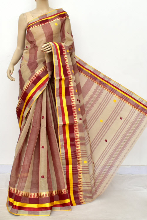 Fawn Maroon Handloom Bengal Tant Cotton Saree (Without Blouse) 17840