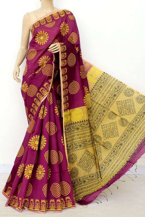 Magenta Fawn Handloom Mercerised Cotton Printed Saree (With Contrast Blouse) 17789