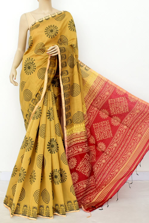 Fawn Red Handloom Mercerised Cotton Printed Saree (With Contrast Blouse) 17791