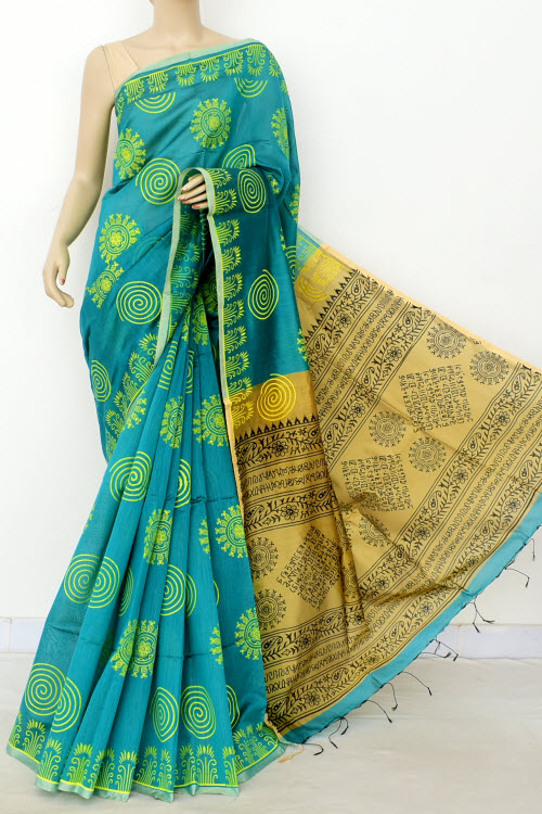 Sea Green Fawn Handloom Mercerised Cotton Printed Saree (With Contrast Blouse) 17792