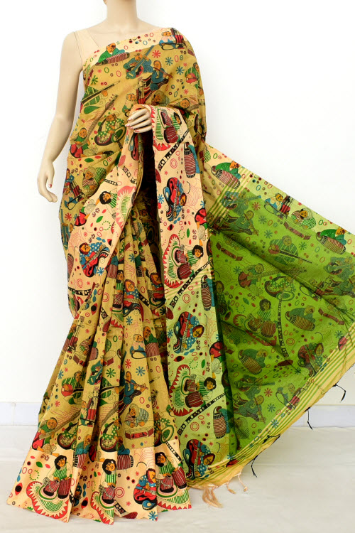 Fawn Handloom Mercerised Cotton Printed Saree (With Blouse) 17795