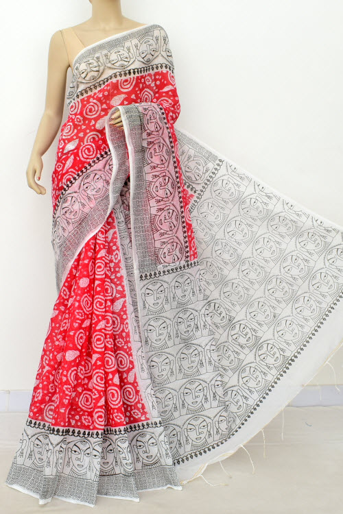 Red White Handloom Mercerised Printed Cotton Saree (With Contrast Blouse) 17797