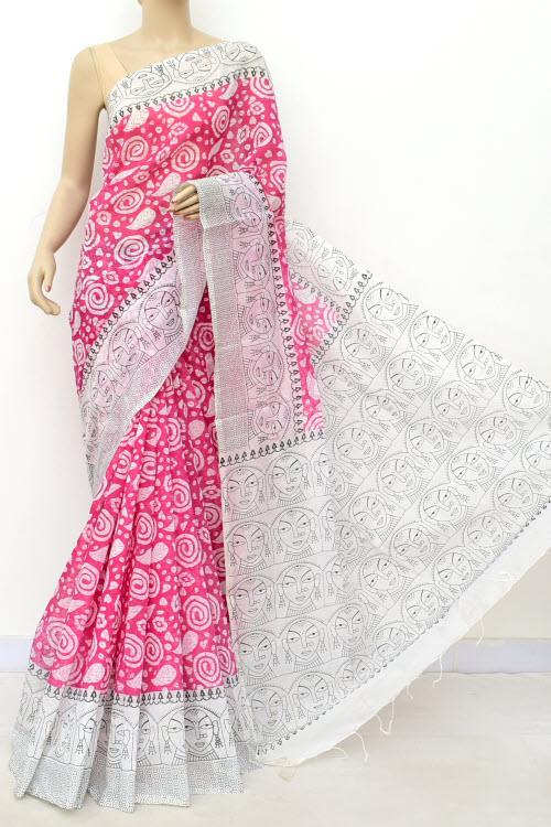 Pink White Handloom Mercerised Printed Cotton Saree (With Contrast Blouse) 17798