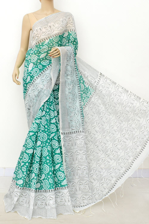 Sea Green White Handloom Mercerised Printed Cotton Saree (With Contrast Blouse) 17800