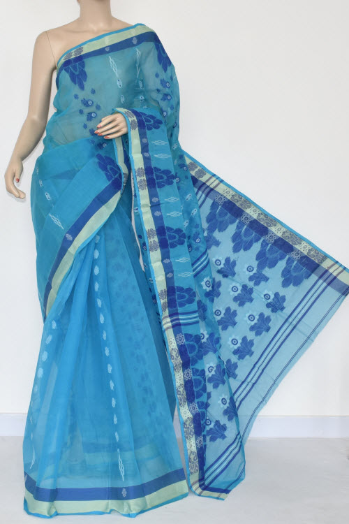 Pherozi Blue Handwoven Bengal Tant Cotton Saree (Without Blouse) 14053