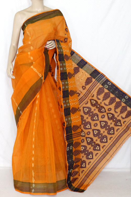 Orange Blue Handwoven Bengali Tant Cotton Saree (Without Blouse) 14056