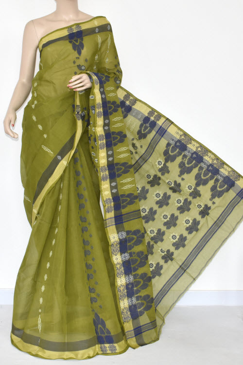 Menhdi Green Handwoven Bengal Tant Cotton Saree (Without Blouse) 14057