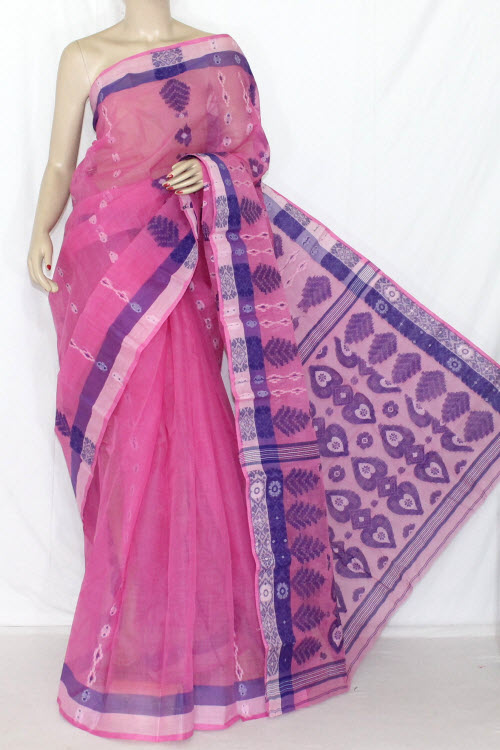 Pink Blue Handwoven Bengali Tant Cotton Saree (Without Blouse) 14062