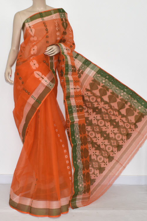 Orange Handwoven Bengali Tant Cotton Saree (Without Blouse) 14076