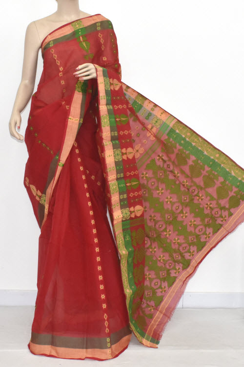Red Handwoven Bengali Tant Cotton Saree (Without Blouse) 14082