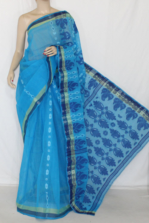 Pherozi Blue Handwoven Bengali Tant Cotton Saree (Without Blouse) 14084